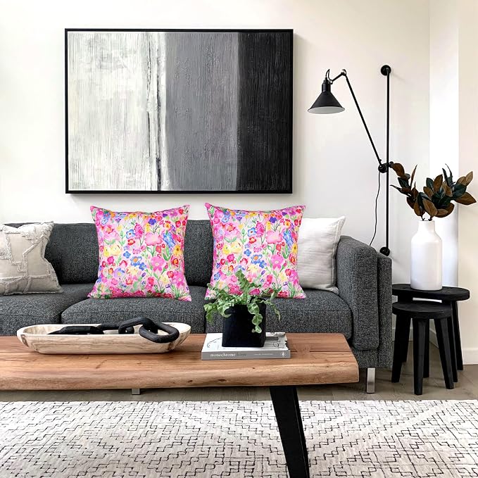 TAJWE Outdoor Pillow Covers 18x18 Inch Set of 2 Colorful Floral Waterproof Throw Pillowcases Modern Farmhouse Wild Flower Decorative Square Cushion Cases for Patio Furniture Garden Bench Porch Decor