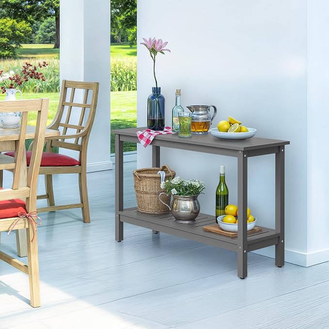 Wooden Console Table, 48in 2-Shelf Solid Wood Patio Side Table, Indoor Outdoor Buffet Bar Organizer with Foot Sliders (Grey)
