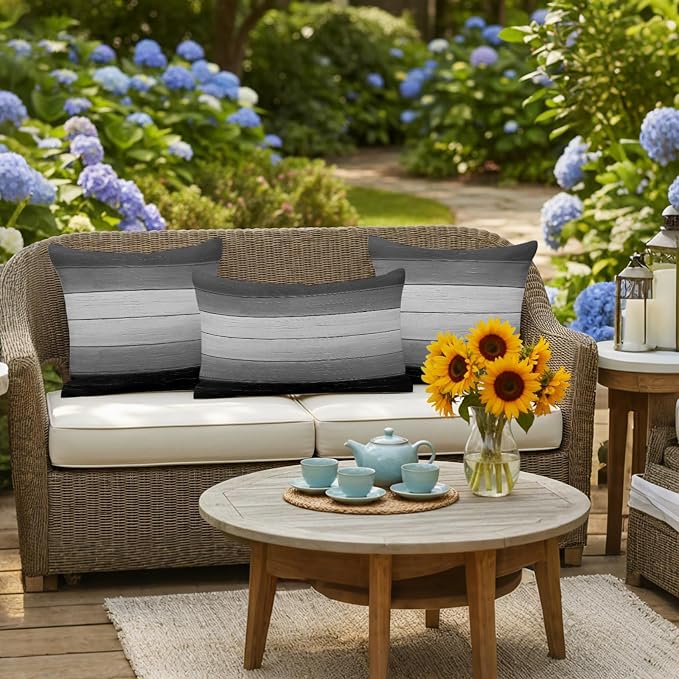 Black Gray Outdoor Pillow Covers 20x20 Inch Throw Pillow Covers Set of 2 Waterproof Decorative Pillow Cases Farmhouse Vintage Gradient Wooden Plank Cushion Covers for Patio Furniture Garden Couch Sofa