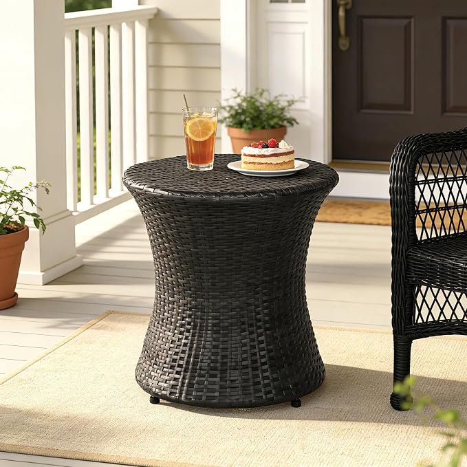 Sundale Outdoor Small Side Table Patio Rattan End Table 20 Inch Hourglass Wicker Accent Tables Steel Frame Lightweight Black