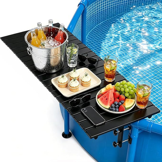 Foldable Swim Up Pool Bar Table for Above Ground Pools, 44''x16'' Heavy Duty Rustproof Metal Pool Side Table Fits Round Oval Rectangular Frame Pools, Outdoor Patio Drink Snack Side Table