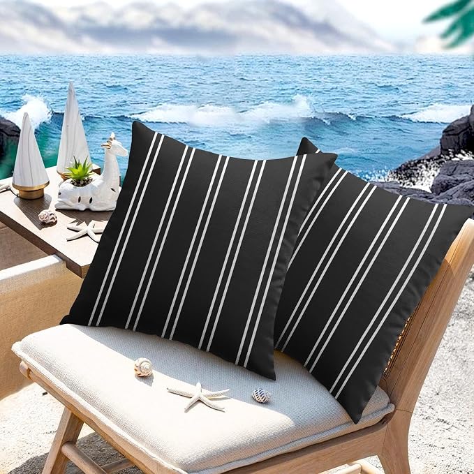 Outdoor Throw Pillow Covers, Stripes, Set of 2, 18 x 18 Inch | Black and White Pillowcase Square Cushion Case Farmhouse Garden Decorative Pillows for Couch Beach Patio