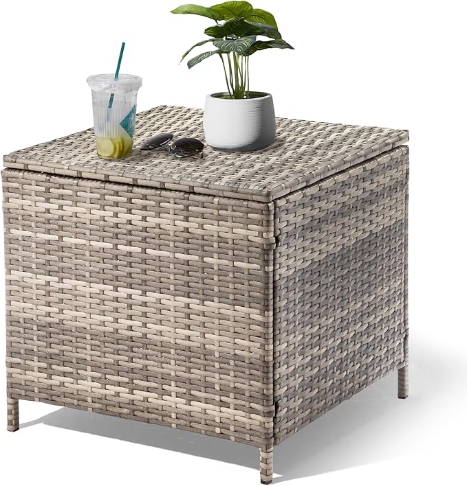 VINGLI Outdoor Side Table with Storage, 27-Gallon Patio Deck Box Outdoor Wicker Side Table for Poolside Balcony Storage Table (Grey, Square)