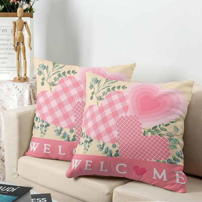 Valentine Day Pillow Covers 16x16 Set of 2 Valentines Day Pink Heart Throw Pillow Covers Pink Hearts with Eucalyptus Decoarative Pillow Case Cushion Case for Couch Sofa