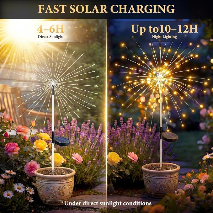 Solar Firework Lights Outdoor 4 Pack, 120LED Solar Starburst Garden Lights with 8 Modes,Waterproof Decorative Fairy Light for Backyard, Garden, Patio & Lawn Landscape Decor