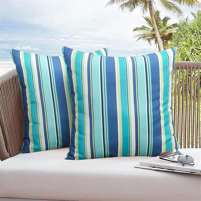 Adabana Patio Striped Outdoor Pillow Covers Waterproof Set of 2, 18"x18" | Colorful Decor, Blue Outdoor Pillows for Patio Furniture Garden Porch