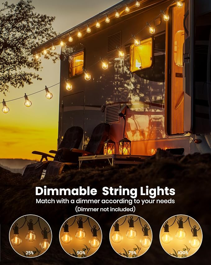 Brightown Outdoor String Lights, 29FT G40 LED IP65 Waterproof Patio Lights | 12 Shatterproof Edison Bulbs, Plug-In, Dimmable, Connectable, Hanging Light for Backyard Porch Party Decor, Warm White
