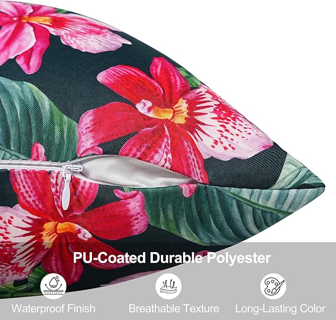 Pyonic Tropical Waterproof Outdoor Pillow Covers 18x18 inch Green Leave and Red Flowers Throw Pillowcase for Summer Patio Furniture Garden Porch Pool Decor