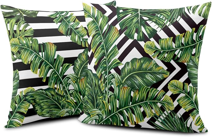 Green Palm Leaves Decorative Pillow Covers Black and White Geometric Pillowcases Summer Tropical Tree Throw Pillow Covers Patio Decor for Outdoors Car Beach 16x16 Set of 2