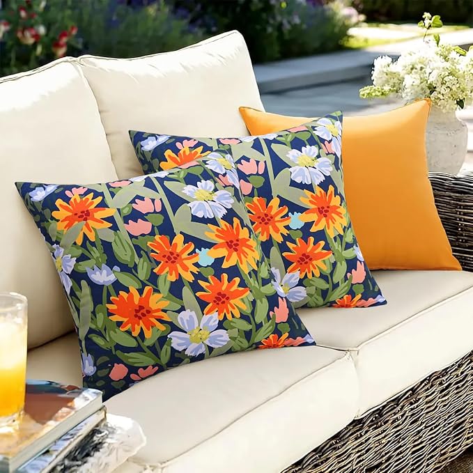 Pyonic Spring Summer Floral Outdoor Pillow Covers 20x20 inch Waterproof Throw Pillow Covers Outdoor Pillows for Patio Furniture Garden Bench Porch,Navy Blue