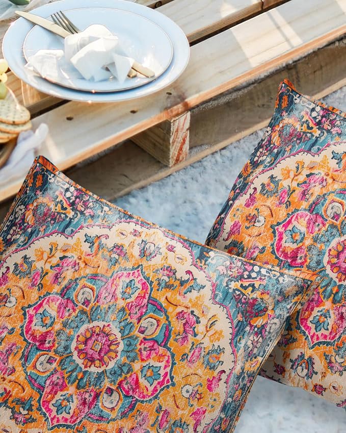 Prime Leader Outdoor Waterproof Pillow Covers Set of 2, Geometric Abstract Carpet Flowers Pattern Pink Patio Throw Pillow Covers, Decorative Cushion Case for Couch Sofa Furniture Garden, 20x20 Inch