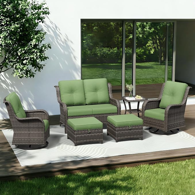 6 Piece Outdoor Wicker Patio Furniture Set, Outdoor Swivel Rocker Patio Chairs Set with Thickened Olefin Cushions, High Back and Deep Seating, Hand-Woven PE Rattan for Porch, Deck