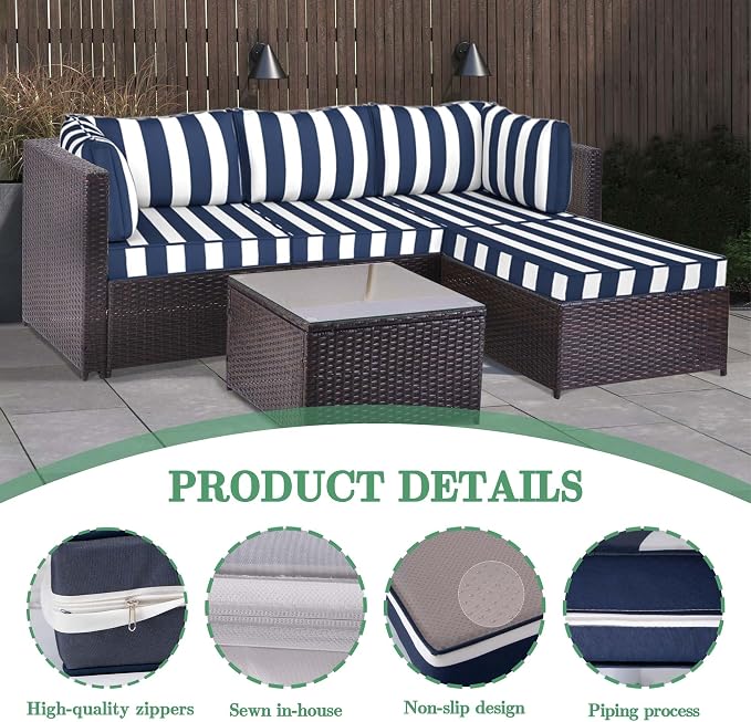 9pc Waterproof Outdoor Couch Cushions for 4 Seat Patio Blue Stripe | Water-resistant, UV-resistant,9pc High-Density Foam Replacement Cushions for 4-Seat Outdoor Sectional Furniture