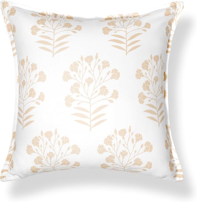 Hofdeco Premium Coastal Hampton Patio Indoor Outdoor Throw Pillow Cover Only, 20"x20" Water Repellent for Backyard, Couch, Poolside, Neutral Tan Print Floral