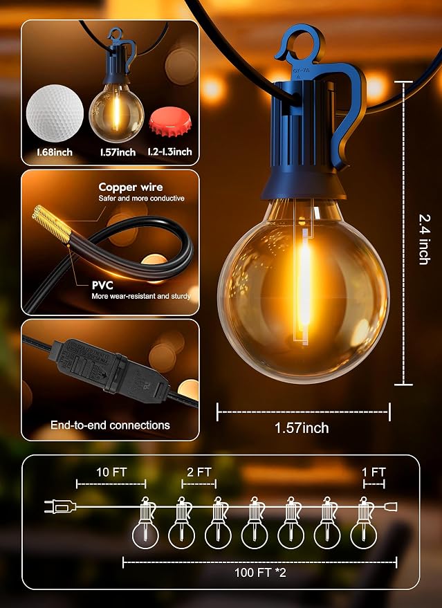 Brightown Outdoor String Lights, 200FT 100+2 G40 Bulbs Shatterproof Patio Lights, IP65 Waterproof Dimmable Hanging Connectable Globe LED Outdoor Lights for Backyard, Bistro, Porch, Deck, Balcony | IP65 Waterproof Dimmable Hanging Connectable Globe LED ...