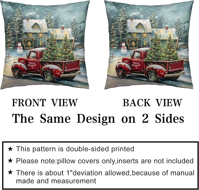 Red Truck Christmas Pillow Covers 22x22 Set of 2 Merry Christmas Pillow Case for Winter Holiday Decorations Couch Bedroom Xmas Tree Cabin Snowman Cushion Case