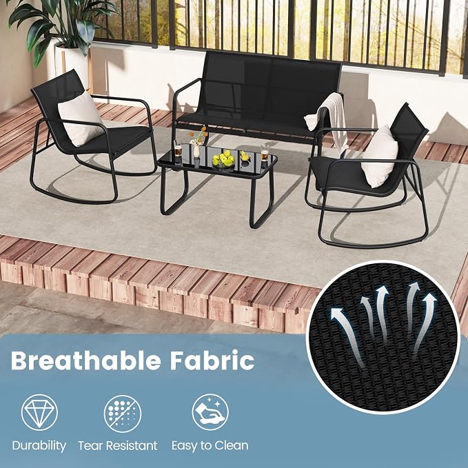 HAPPYGRILL 4 Piece Patio Rocking Bistro Set with 2 Rocking Chairs, Loveseat & Coffee Table, Outdoor Conversation Furniture Set for Garden Poolside Balcony (1)