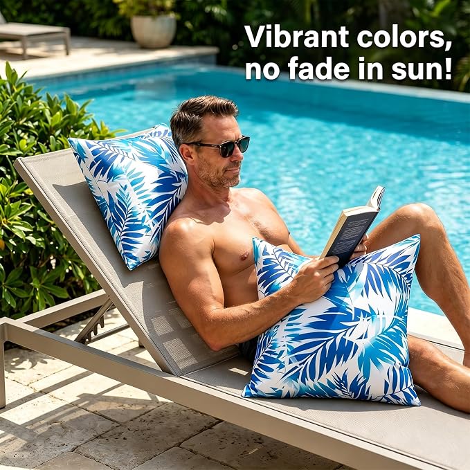 Outdoor Tropical Leaves Pillow Covers Waterproof Decorative Blue Leaf Pillow Covers Summer Accent Couch Covers Garden Farmhouse Throw Cushion Cases 20x20 Set of 2 for Patio Tent Balcony Bench Sofa