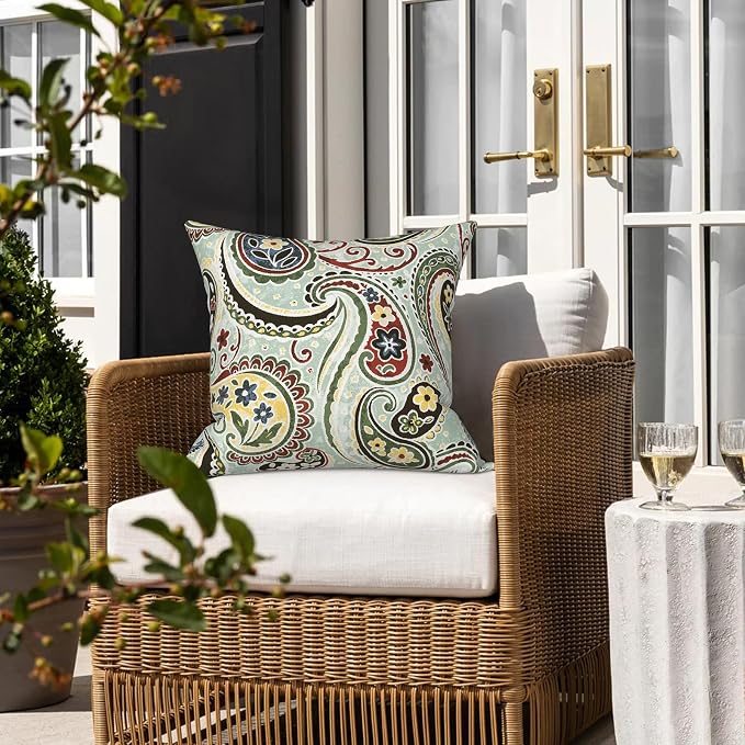 LVTXIII 2 Pack Outdoor Pillows 18x18 Inch, Square Throw Pillows with Inserts, Decorative Water-Repellent Pillow Cushions for Patio Furniture and Garden Sofa, Paisley Light Cyan