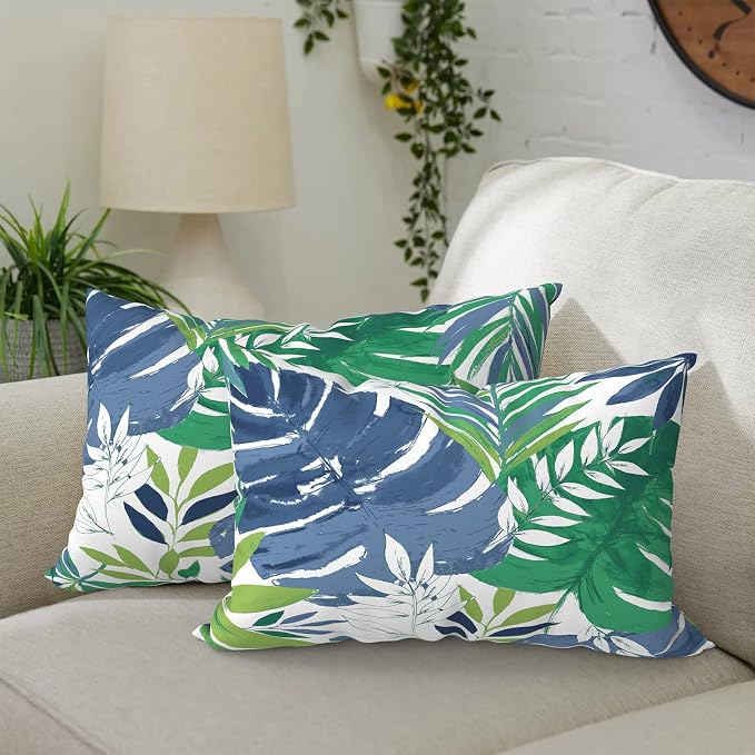 DYTXIII Pack of 2 Outdoor Waterproof Lumbar Pillow Covers ONLY, 12x20 Rectangle Decorative Double Printed Pillow Cases for Patio Couch Porch Furniture - Islamorada Blue Green