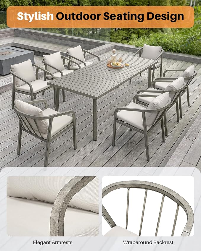 Outdoor Dining Chairs Set of 4, Never-Rust Aluminum Patio Dining Chairs with Removable Cushion, Ergonomic Patio Chairs with Wraparound Seating Design for Deck, Poolside, Commercial, Gray Oak