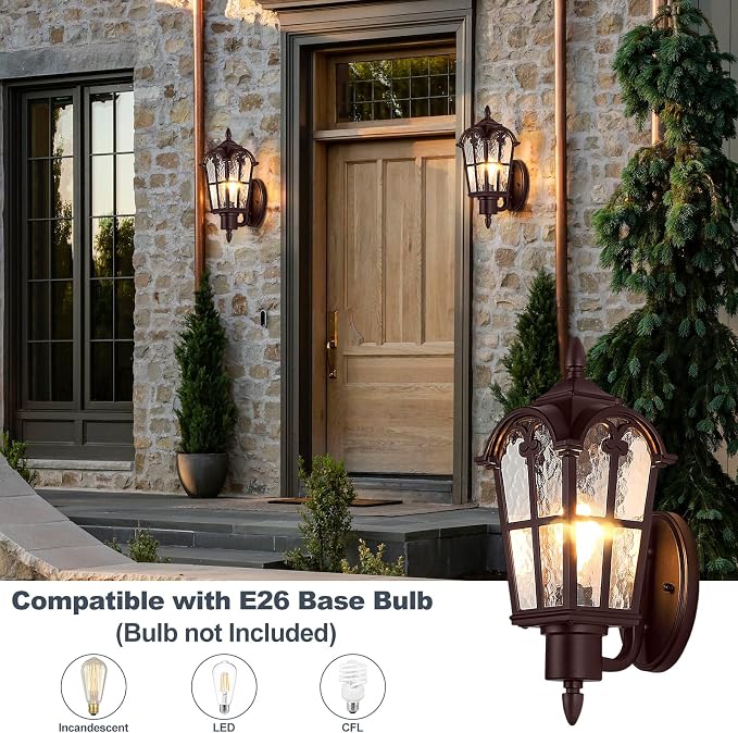 16’’ Large Outdoor Wall Light Fixture, Exterior Wall Lantern Sconce | Waterproof, Rust-resistant, Matte Brown, Water Ripple Glass, Quick & Easy Installation, Retro & Traditional