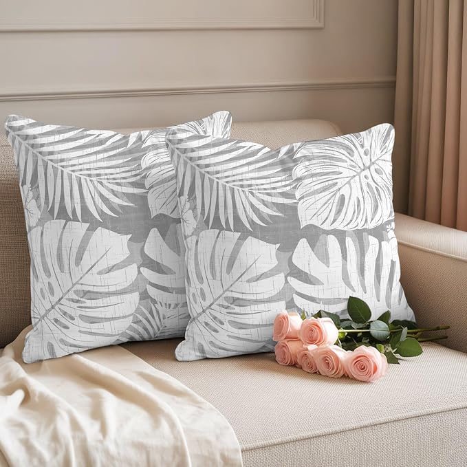 Light Grey Palm Leaves Outdoor Pillow Covers 20"x20" Set of 2, Tropical Botanical Modern Minimalist Waterproof Throw Pillow Covers for Patio Furniture, Decorative Cushion Covers for Porch