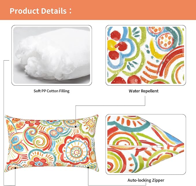 Outdoor Lumbar Pillows 12x20 inch, Rectangle Throw Pillows with Inserts, Decorative Lumbar Cushions for Patio Furniture Garden Couch Home Sofa Office Chair, Pack of 2, Flower Multi
