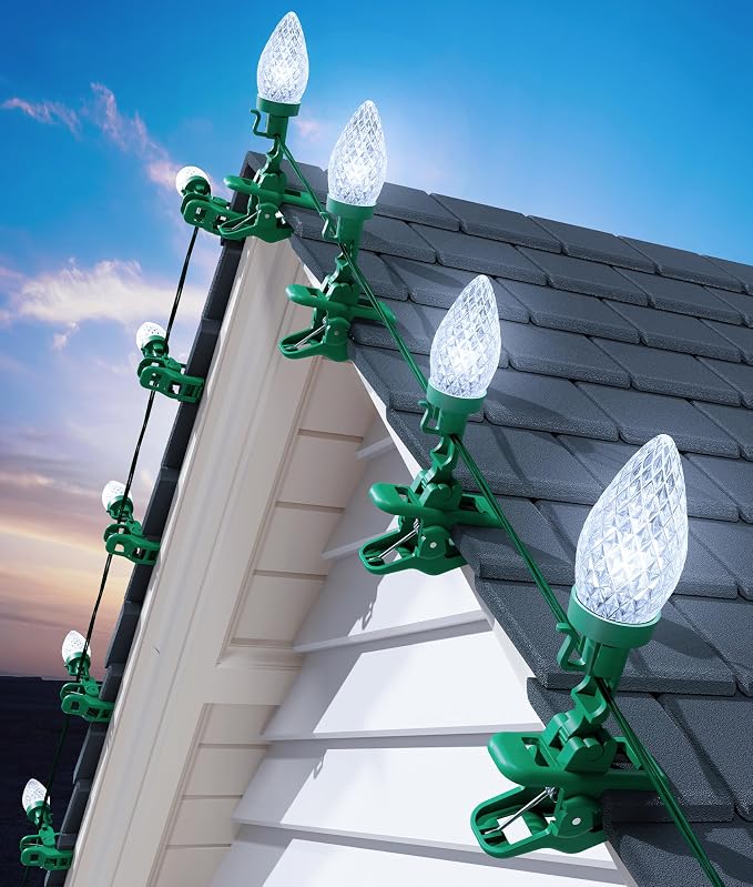 C9 Christmas Lights Outdoor, 102FT 150 LED String Lights with Spring Clips | Waterproof Connectable Commercial Grade Christmas Tree Lights for Outside Roofline Patio Yard Home Xmas Decor, Pure White