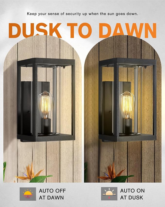 Beionxii Dusk to Dawn Outdoor Wall Sconces, Modern Exterior Porch Light Wall Mount Lantern, Black Cast Aluminum w/Clear Cylinder Glass - A291W-1PK