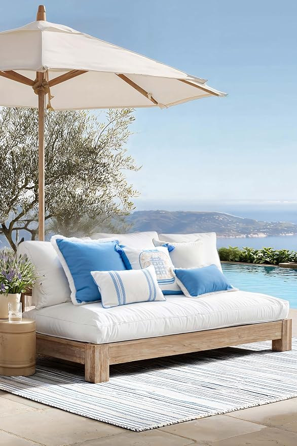 Hofdeco Premium Coastal Hampton Patio Indoor Outdoor Throw Pillow Cover Only, 22"x22" Water Repellent for Backyard, Couch, Poolside, Azure Blue Print Solid