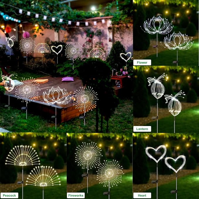 Slyuexu Solar Garden Lights Outdoor Waterproof, 2 Pack 120 LED Solar Firework Lights Decorative Garden Décor Outside for Flowerbed Pathway Party Christmas Decoration, White