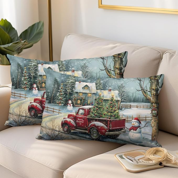 Christmas Lumbar Pillow Covers 12x20 Red Truck with Christmas Trees Snowman Rectangle Pillow Case Xmas Holiday Waist Cushion Case for Bedding Couch Patio Bench Set of 2