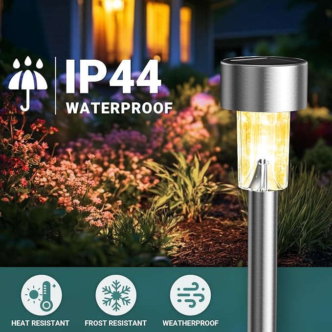 GIGALUMI Outdoor Waterproof Solar Garden Lights, 12 Pack Warm White | Stainless Steel LED, Warm White Glow, Ideal for Patio Lawn Yard Landscape, Garden & Patio Decor