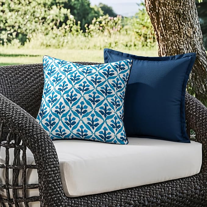 MIULEE Outdoor Floral Pillow Covers Waterproof 18x18 Navy Blue | Decorative Block Print,Boho Farmhouse, Set of 2 Coastal Summer Cushion Covers with Piping,Garden Patio Furniture Porch Couch