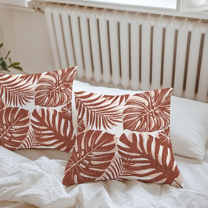 Copper Palm Leaves Outdoor Pillow Covers 26"x26" Set of 2, Tropical Botanical Minimalist Modern Waterproof Throw Pillow Covers for Patio Furniture, Decorative Cushion Covers for Porch