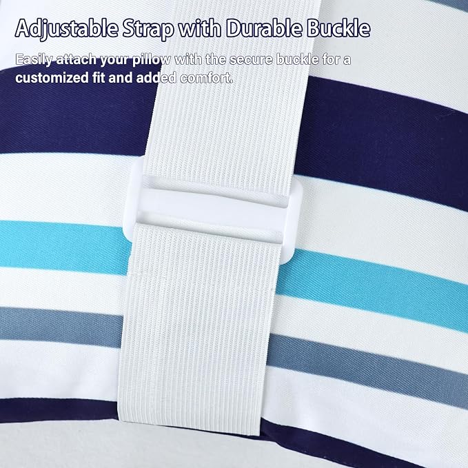 2 Pcs Outdoor Headrest Pillow for Patio Chaise Lounge 11"x16" | Navy Blue Striped Waterproof Pillows with Insert Adjustable Elastic Strap, Chair Head Resting Pillow for Recliner Beach Pool