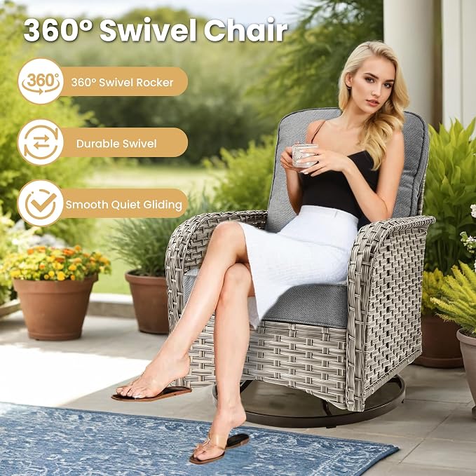 HOOOWOOO Outdoor Sectional Furniture Set with Fire Pit Table,9 Pieces Wicker Patio Conversation Sets,L Shape All Weather Outside Couch Sofa Set with Swivel Chairs Solar Table Ottoman,Charcoal Gray