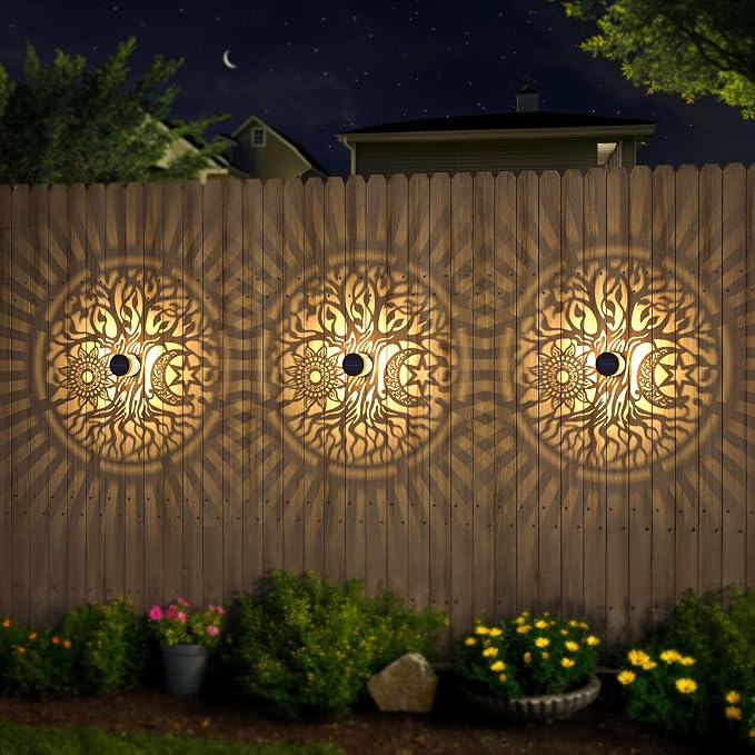 2 Pack Large Solar Fence Lights Metal Solar Powered Outdoor Wall Deck Step Lights Tree Theme Waterproof Fence Light for Garden Post Patio Backyard Yard Decor, Gardening Gifts for Women Mom Grandma