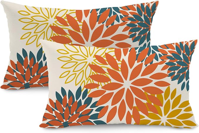 DFXSZ Outdoor Waterproof Pillow Covers 12x20 Set of 2 Orange Yellow Flower | Spring Summer Waterproof Flower Throw Pillowcases（No Inserts）Outdoor Decor for Fall Patio Funiture Garden Polyester Covers