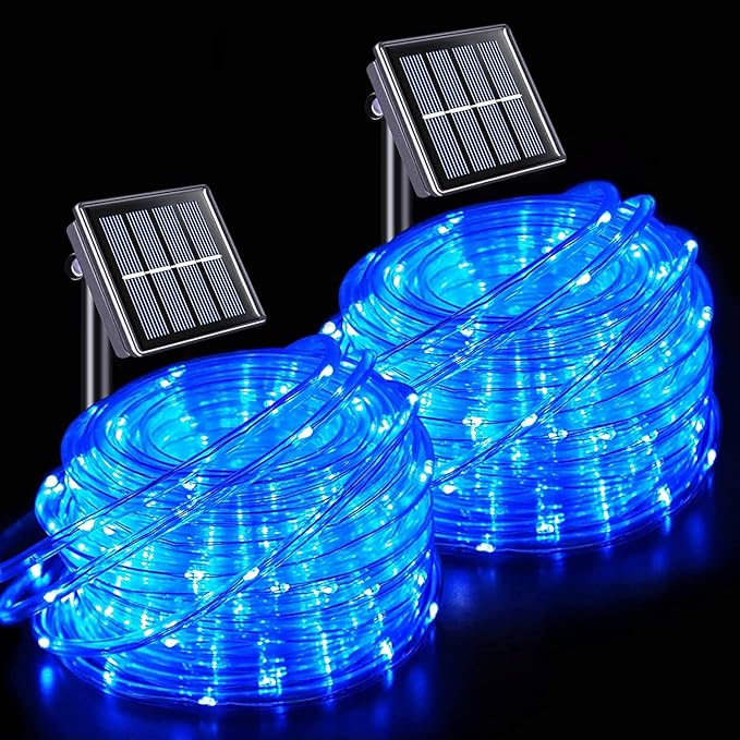 JMEXSUSS 2 * 200 LED Blue Solar Rope Lights for Pool | 66ft IP 65 Waterproof Solar String Light Outdoor, 8 Modes Christmas Lights for Camp Trampoline Ladder Slide Tent