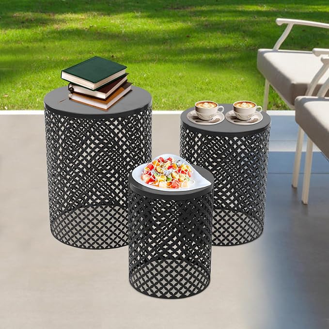 Set of 3 Outdoor Side Table, Garden Stool for Patio, Metal Accent Table Modern End Table, Patio Side Table for Garden, Balcony, Bedroom Indoor Outdoor Decorative, Jet Black