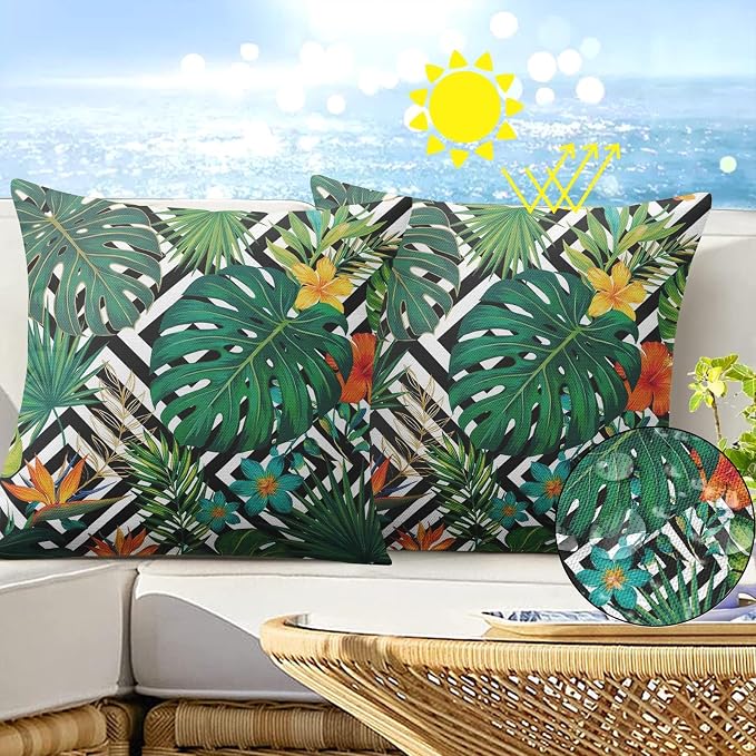 Throw Pillow Covers, Leaf Striped, Set of 2, 18 x 18 Inch | Tropical Botanical Outdoor Waterproof Pillowcase Square Cushion Case Farmhouse Garden Decorative Pillows for Couch
