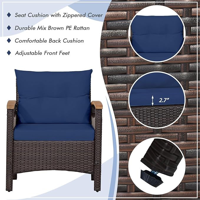 HAPPYGRILL 3 Pieces Patio Rattan Conversation Set, Outdoor PE Wicker Furniture Set Bistro Set with Coffee Table, Soft Seat Cushions & Throw Pillows, Acacia Wood Sofa Set for Patio Courtyard Poolside