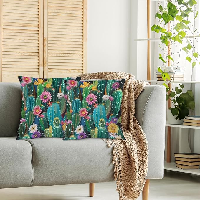 Swono Cactus Set of 2 Decorative Throw Pillow Covers Cushion Case, Tropical Rainbow Blooming Cactus Florals Farmhouse Pillowcase Cozy Pillow Cover for Couch Sofa Bed Garden Chair Car 18 X 18 Inch