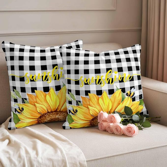Farm Outdoor Pillow Covers Set of 2,Watercolor Sunflowers Honeybee Decorative Waterproof Throw Pillowcase Yellow Flower Black White Plaid Cotton Linen Soft Cozy Cushion Cover Pillowsham 18x18In