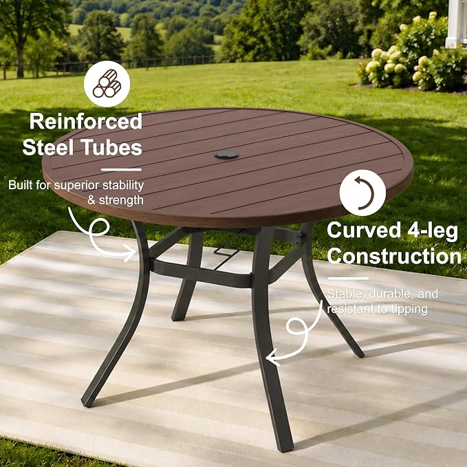 Patio Dining Table for 4,Steel Slatted Round Outdoor Table with Adjustable Umbrella Hole,41",Brown