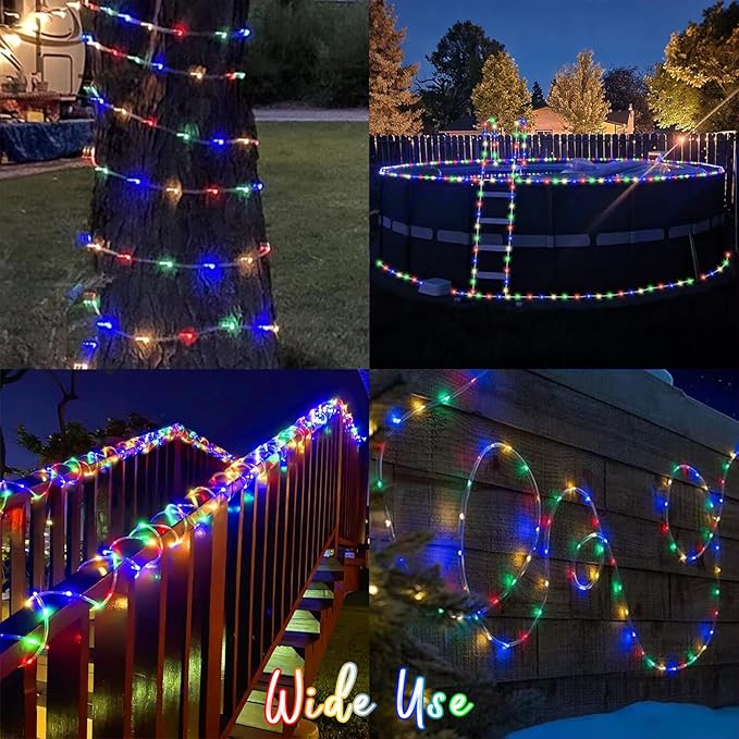 QITONG Multicolor Trampoline Lights, 66ft 200 LED Solar Rope Lights Outdoor Waterproof, Fairy Lights in Clear Thin Tube with 8 Modes