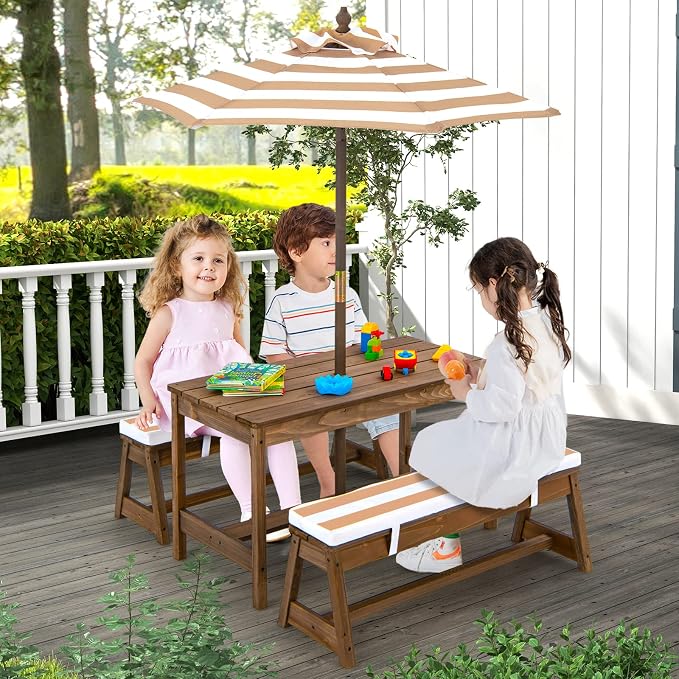 KOTEK Kids Picnic Table with Umbrella Foldable, Backyard Wooden Table & Bench Set w/Removable Cushions, Activity Art Play Table, Indoor Outdoor Toddler Picnic Table for Patio, Lawn & Garden (Brown)