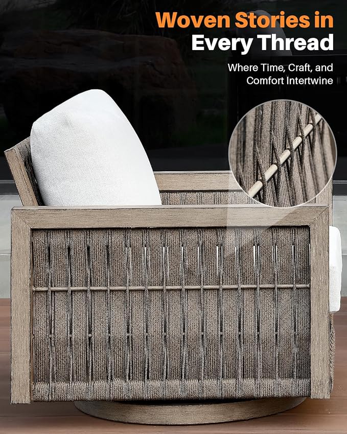 Swivel Patio Chair, Never Rust Aluminum Outdoor Swivel Sofa Chair with Washable Cushions, Rope Weave Patio Sofa Armchair, Deep Seating Outdoor Club Chairs for Garden, Porch, Poolside, Gray Oak